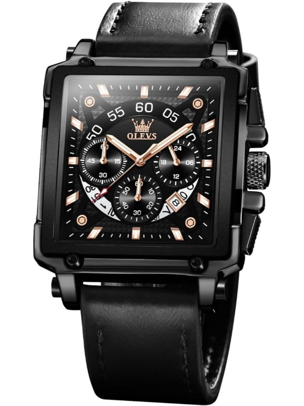 Men's Jet Black Leather Chronograph Watch Big Face Waterproof Luminous Watch